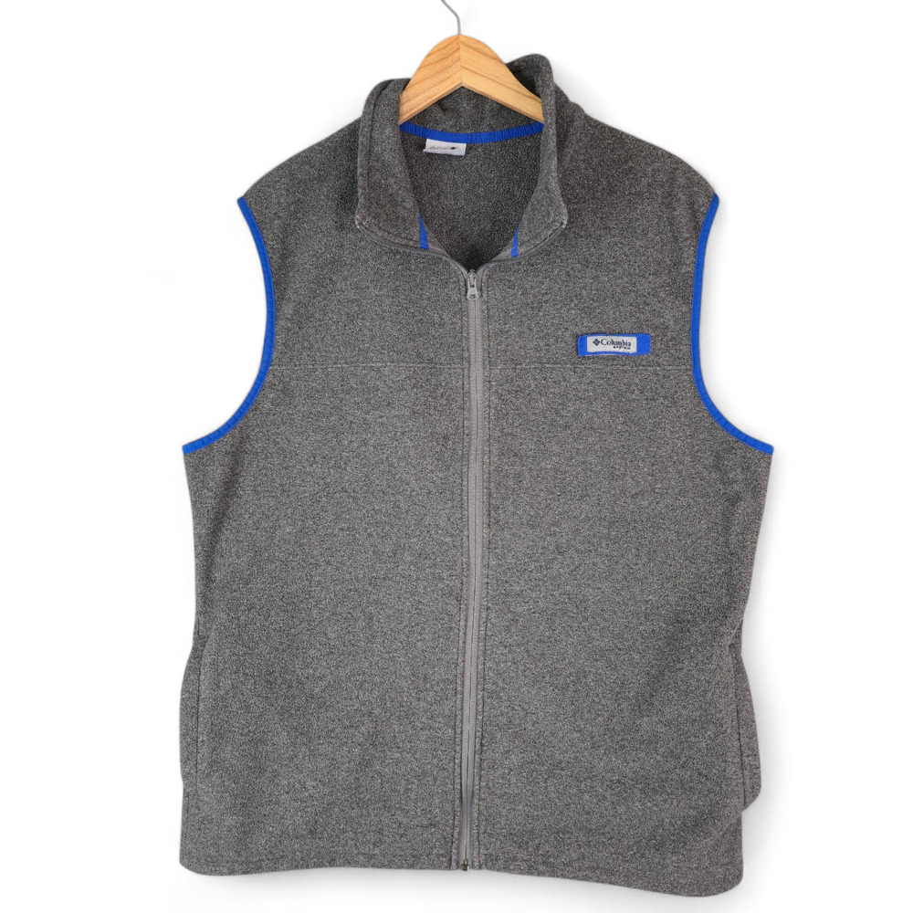 Columbia PFG Vest Mens XL Gray Blue Trim Fleece Full Zip Pockets Fishing Outdoor